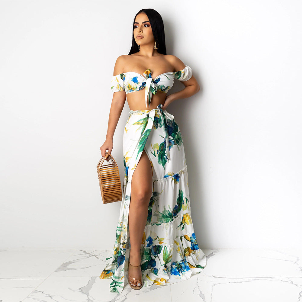 Women summer printed short-sleeved crop Top and slit Skirt sexy two-piece set