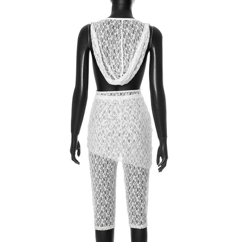 Women's spring and summer lace hood Halter Neck deep pile collar  Low Back Patchwork Dress and pants set 5