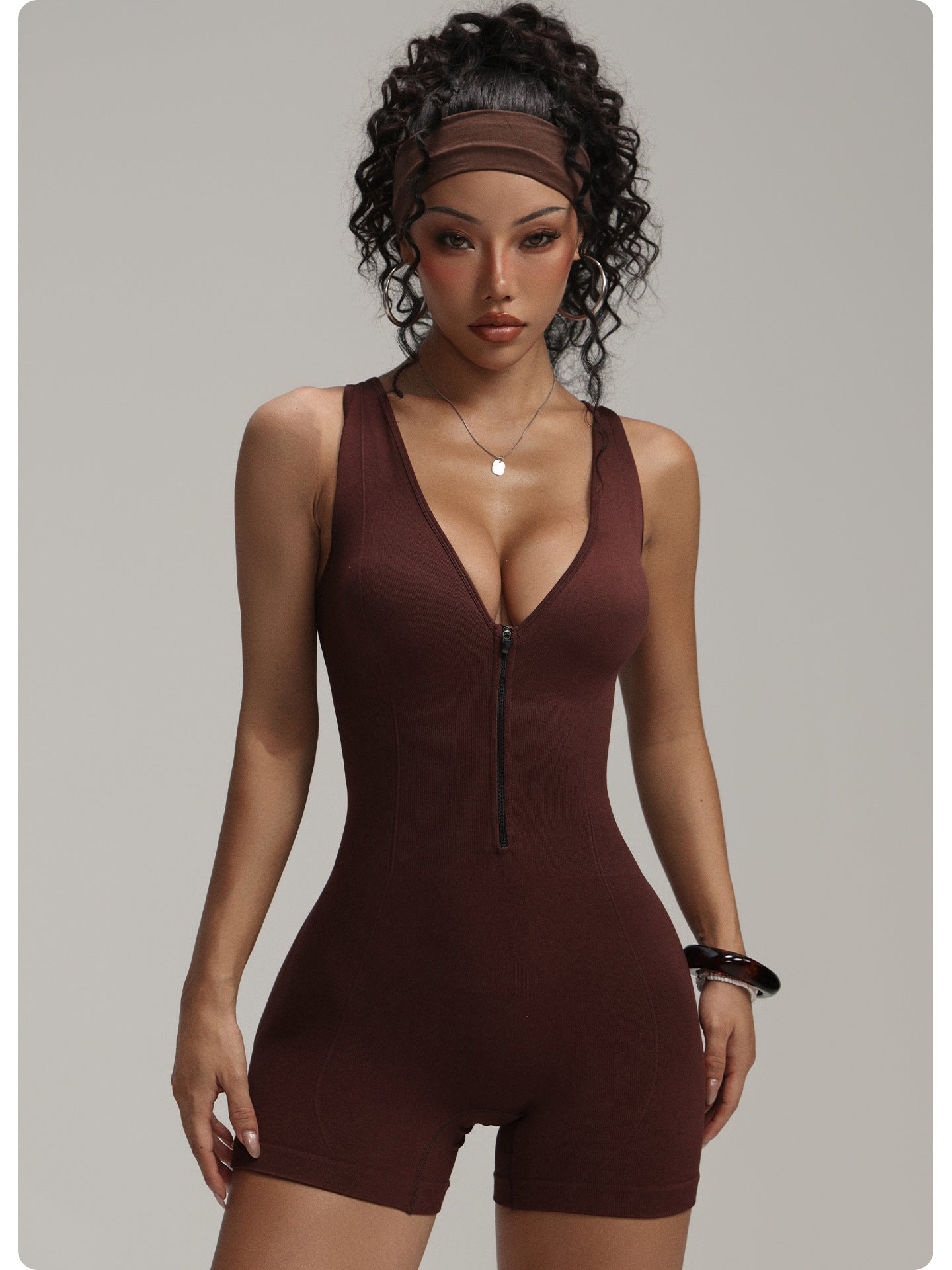 Zip-Up Short-Sleeve Dance Tight-Fitting Sports Jumpsuit