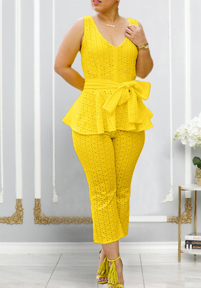 Women's Spring And Summer Solid Color Embroidered Cotton Belt Two-Piece Pants Set