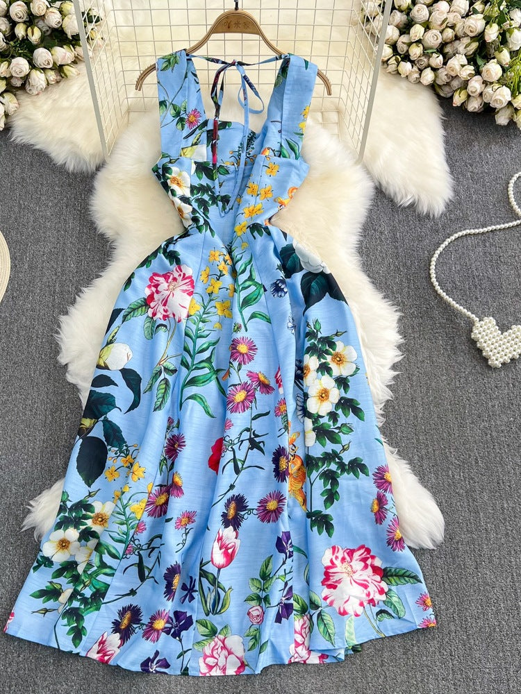 Retro Straps Fashionable Printed Slim Waist A-Line Dress Beach Holidays Long Dress 5