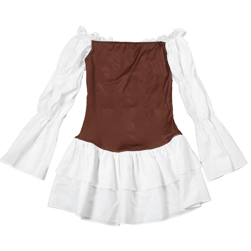 Autumn Women's Sexy Color Block Off Shoulder Puff Sleeve Slim Waist Casual Dress 14