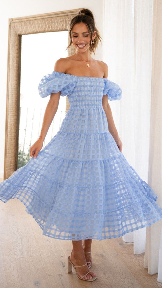 Off-Shoulder Lantern Sleeve Layered Patchwork Maxi Dress 5