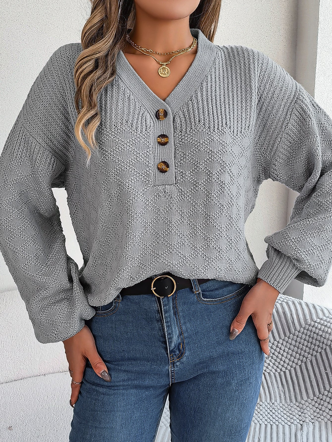 Fall and winter Women Casual loose v-neck buttoned lantern sleeve sweater 4