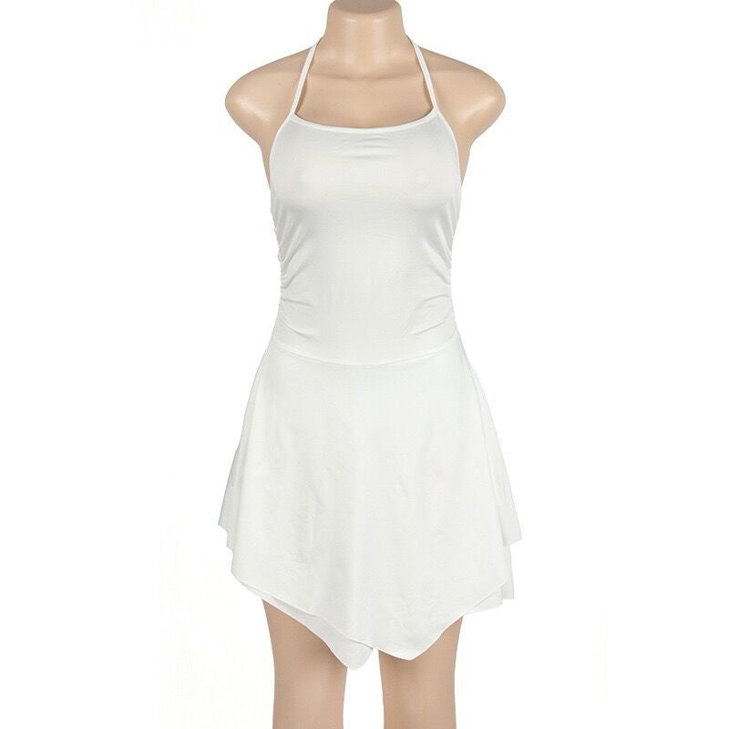 Women Solid Halter Neck Pleated Irregular Mini Dress 11