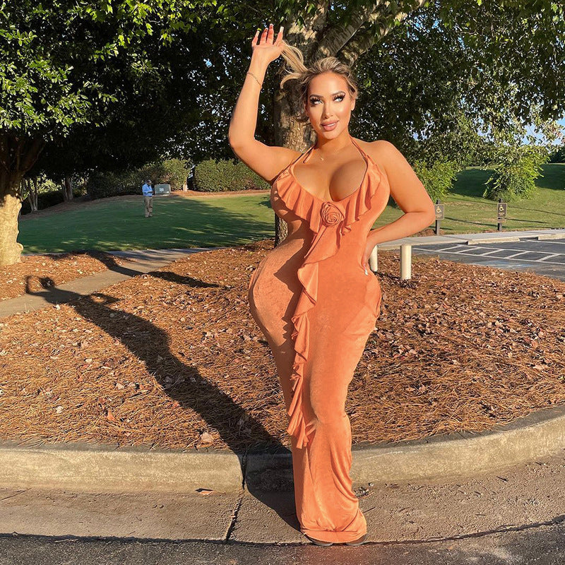 Women Sexy Holiday Backless Strap Maxi Dress with Ruffle Edge 5