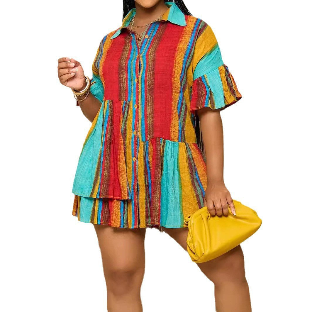 Women Loose Printed Multi-Color Top Short Sleeve Shirt Dress 6