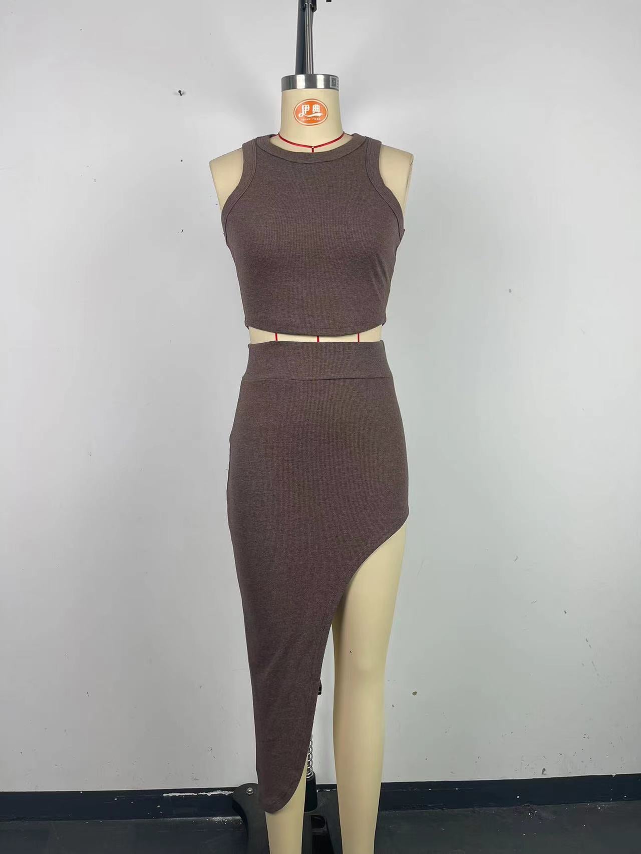 Women's Summer Sleeveless Slim Vest Irregular Long Skirt Two Piece Set 10