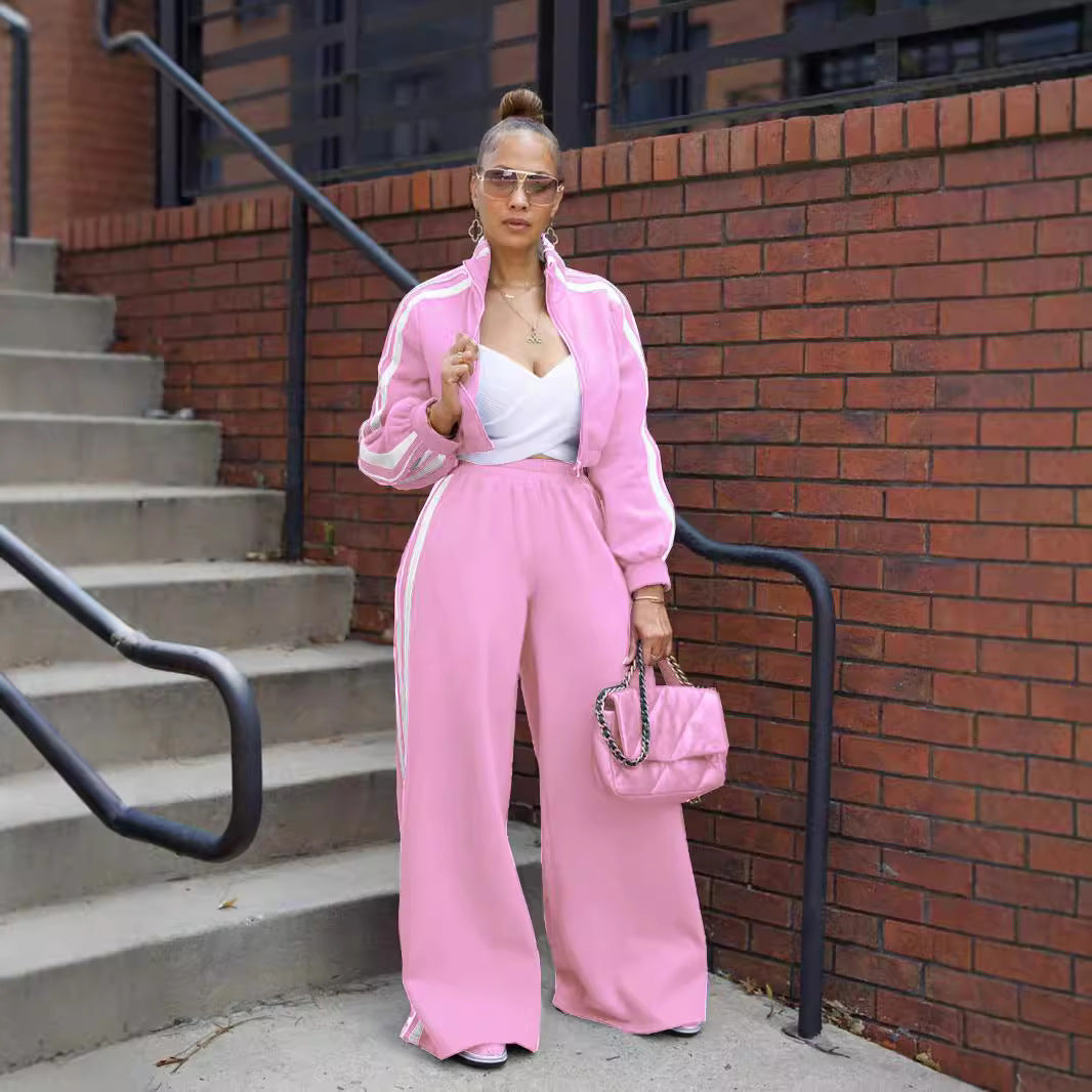 Women Autumn Striped Zipper Casual Top and Pant Set 9