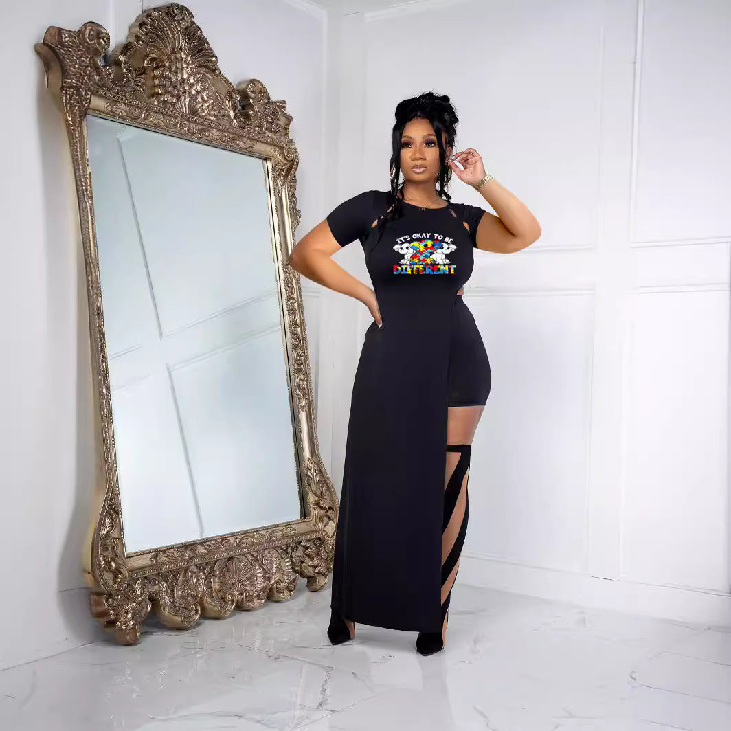 Women Short Sleeve Printed Top and Slit Skirt Two-piece Set