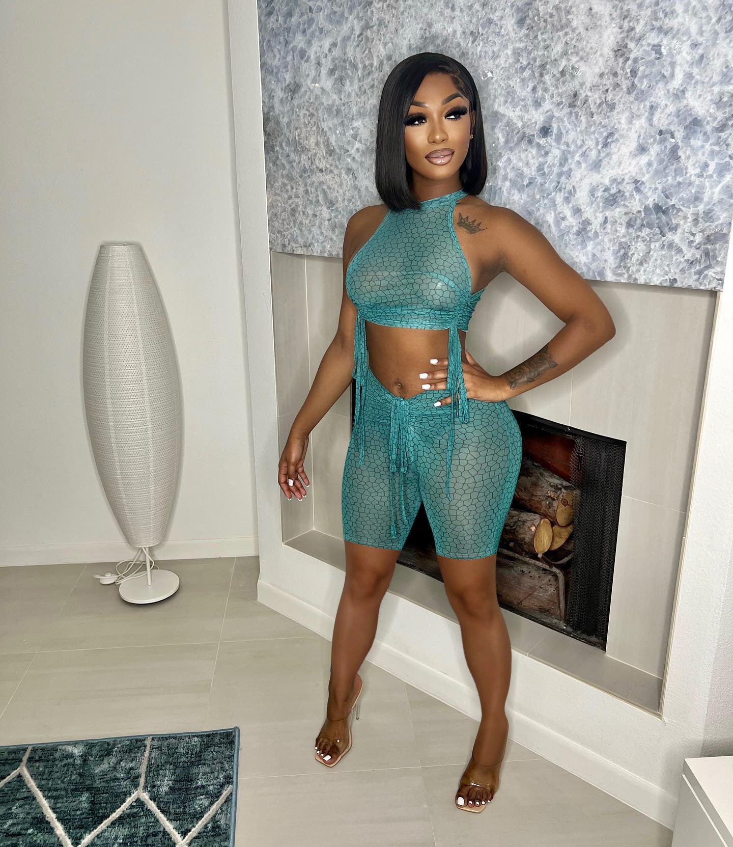 Women's Sexy Print See-Through Drawstring Dress 4