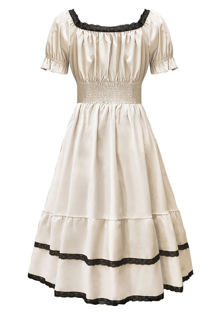 Women Summer Puff Short Sleeve Slim Fit Retro Chic A-Line Midi Dress