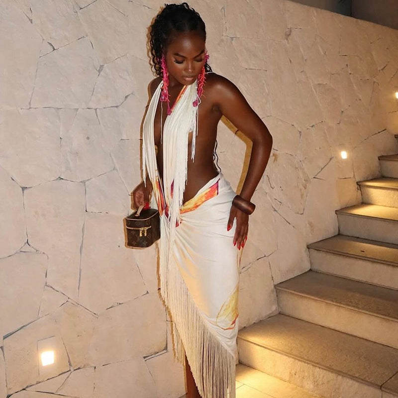 Women fall/winter Halter Neck lace-up V-neck backless printed top and tassel sexy skirt two-piece set 10