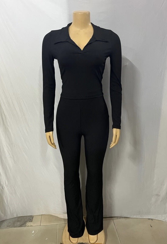 Women turndown collar knitting long sleeve top and Pants two-piece suit