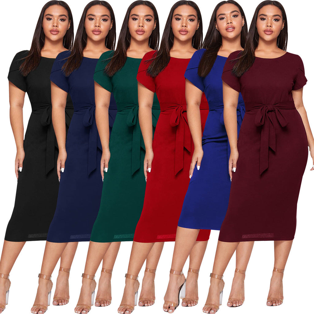 Women Round Neck Belted Short Sleeve Midi Dress 6