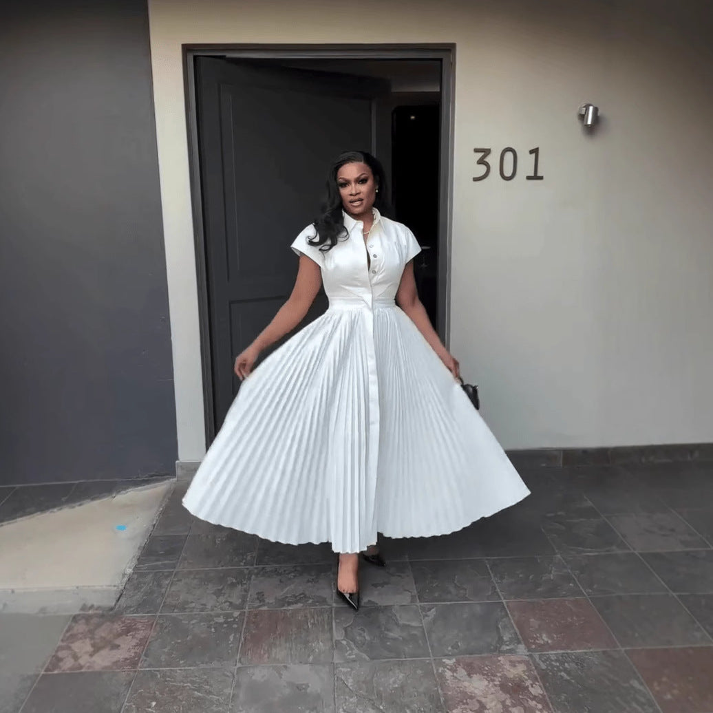 Women Short Sleeve Pleated Shirt Dress 4