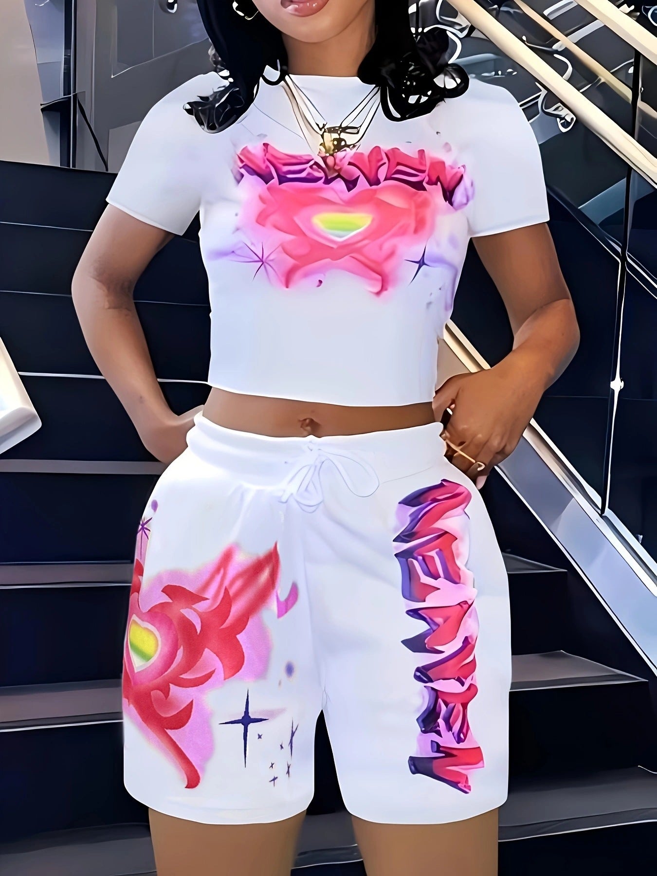 Summer Printed Loose Casual Two Piece Shorts Set