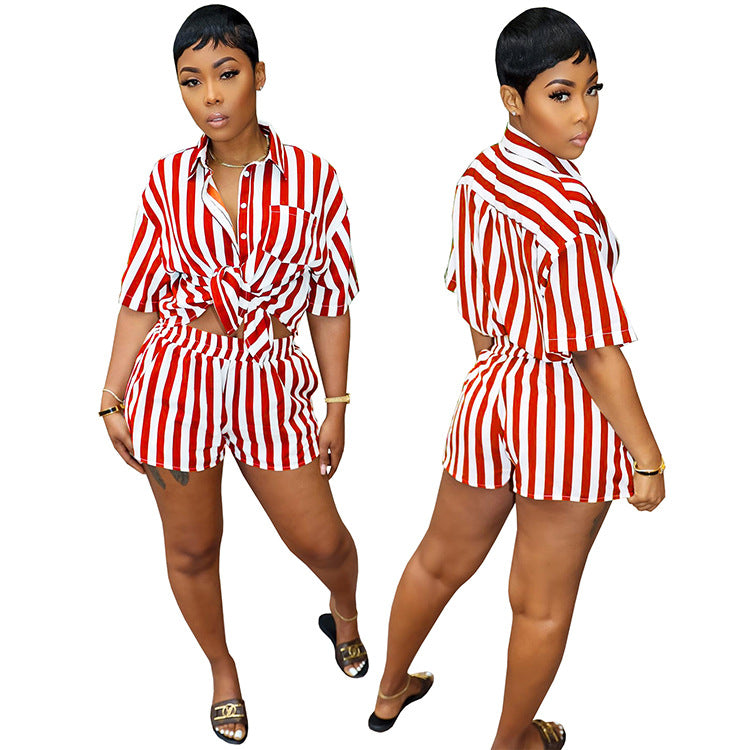 Women's Summer Fashion Stripe Print Set Loose Blouse Two Piece Set 9