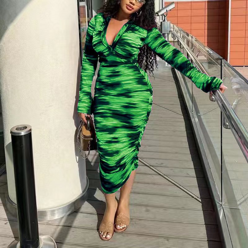 Women's Spring And Summer Printed Fashion Casual Pleated Long Sleeve Slim Chic Long Dress 8
