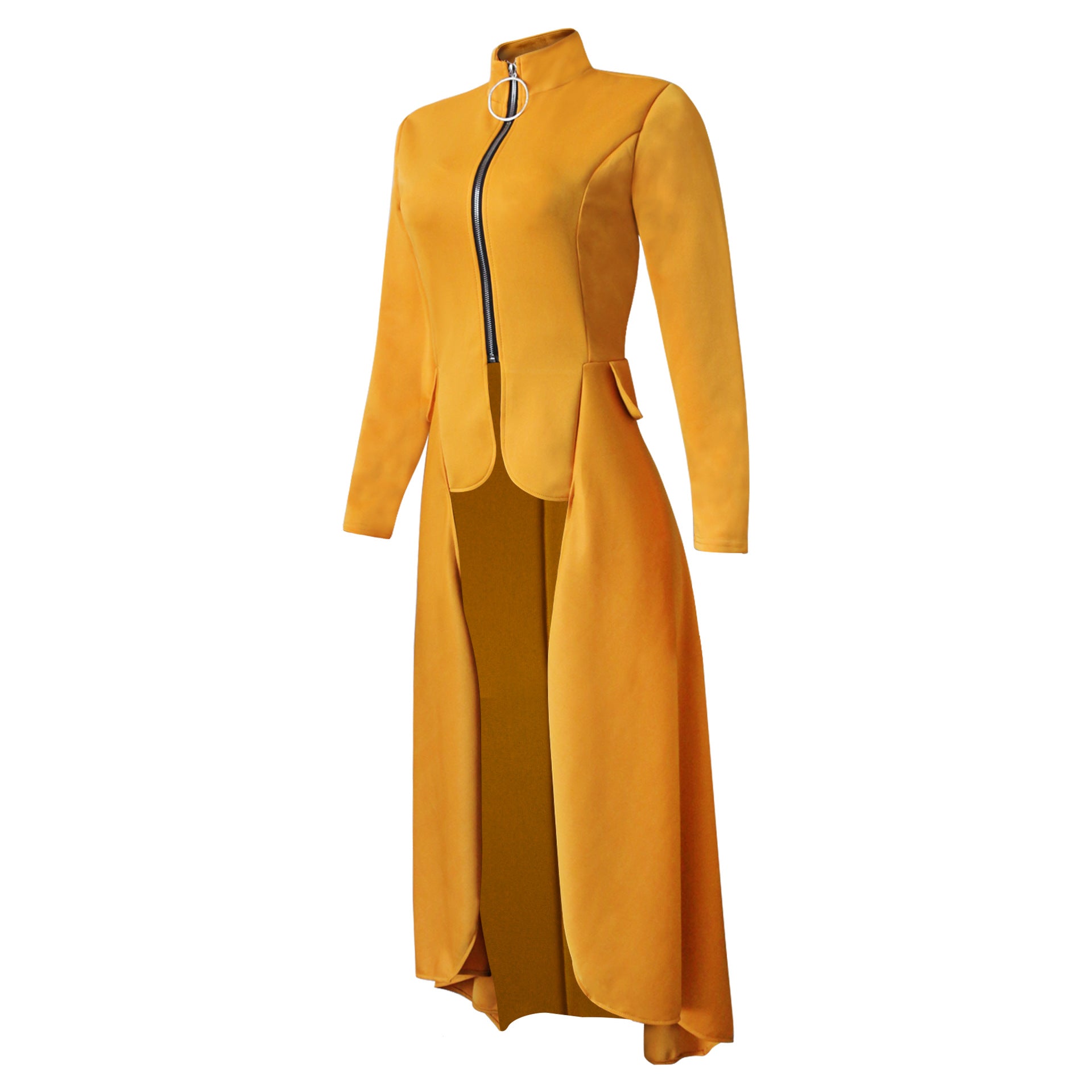 Spring Long-Sleeved High-Neck Slim Zipper Irregular Long Dress 25