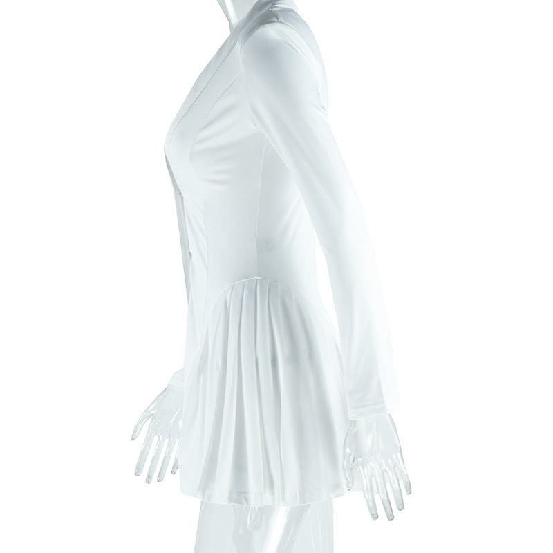 Women Sexy Solid V Neck Long Sleeve Pleated Skirt 9