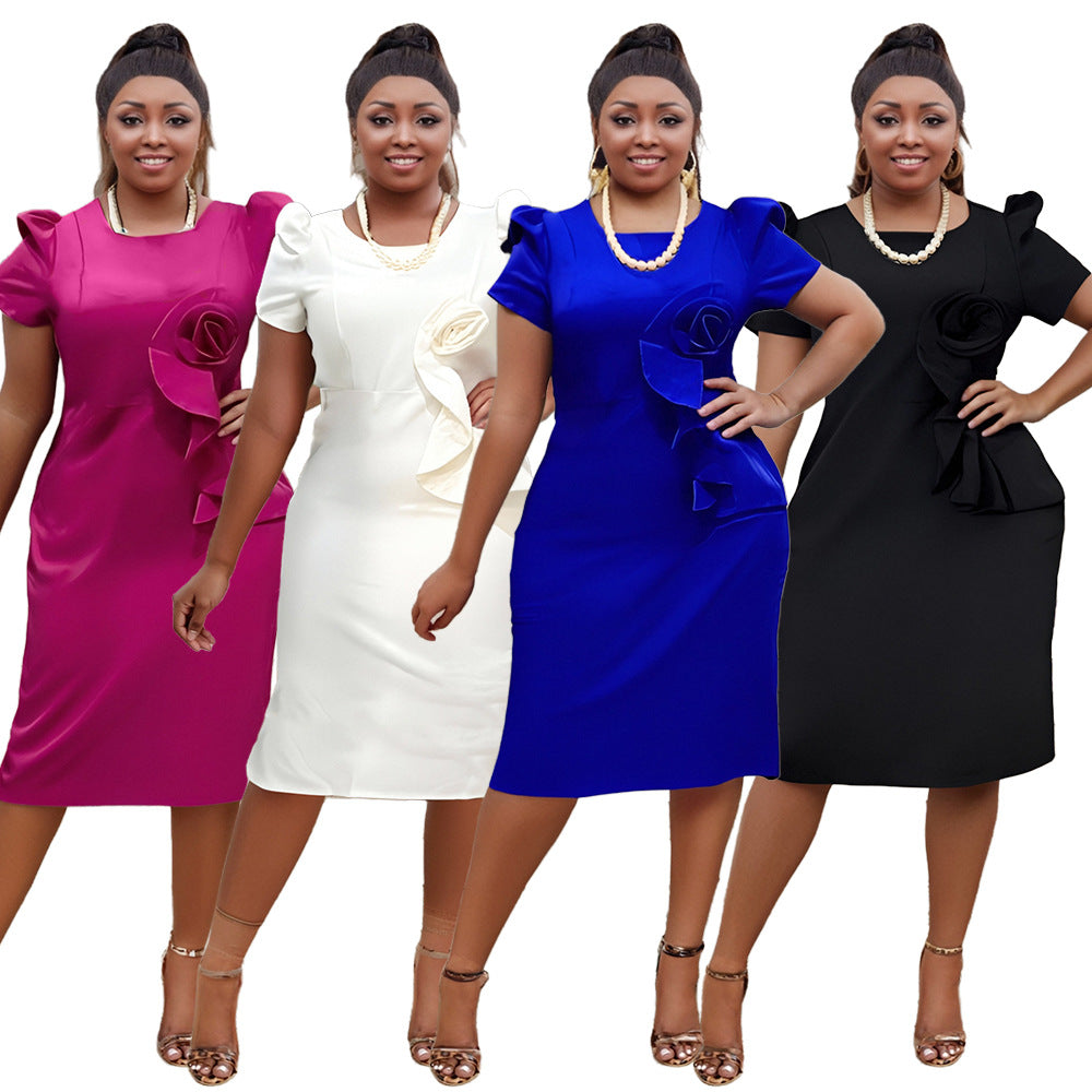 Plus Size Women Elegant Bodycon Ruffle Solid Dress 14