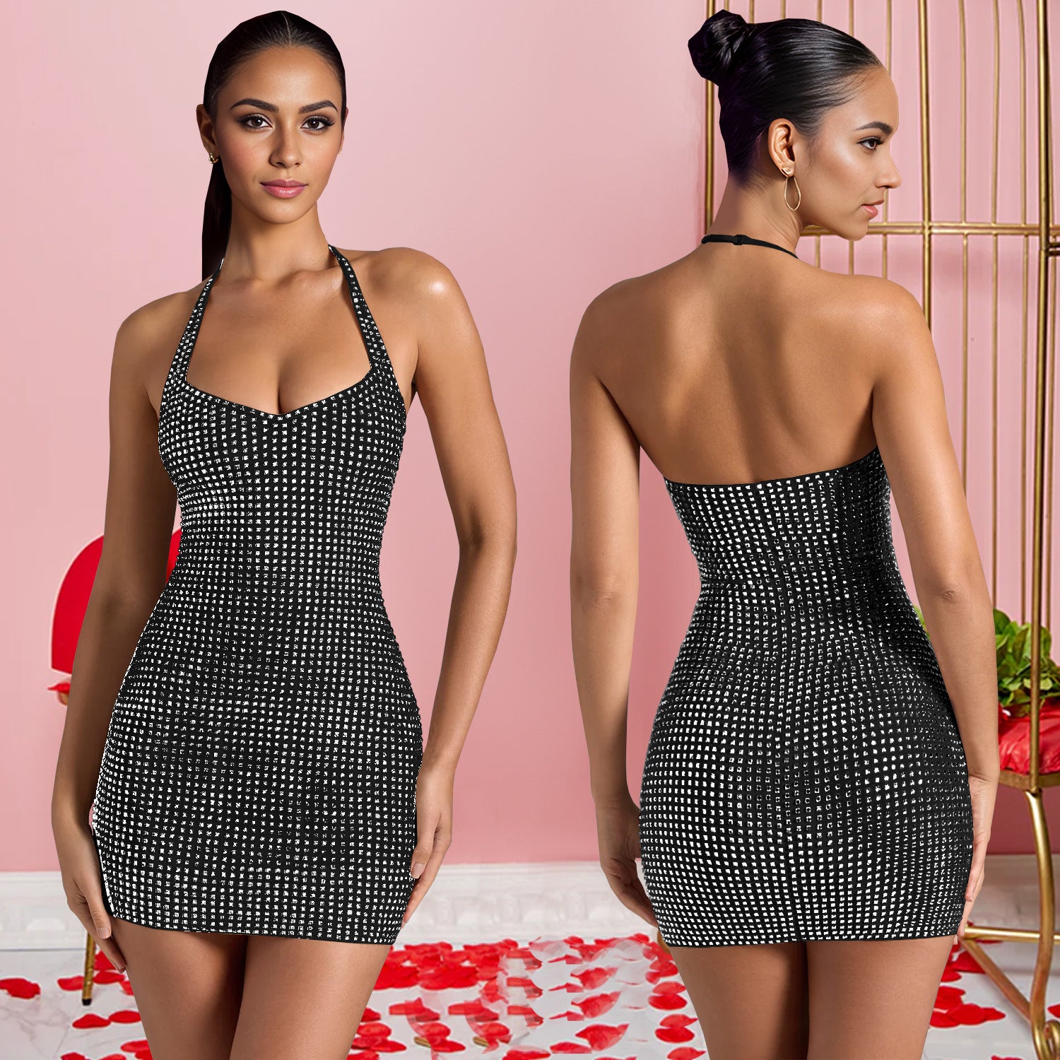 Fashion Women's Sexy Halter Neck Beaded Slim Fit Bodycon Dress 6