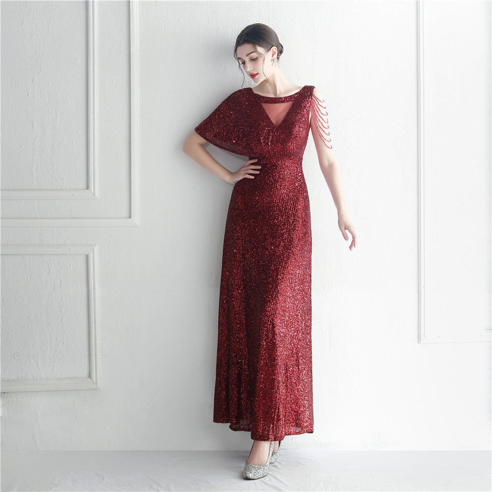 Beaded Ruffle Sleeve Mesh See-Through Bridesmaid Etiquette Celebration Dinner Long Evening Gown 7