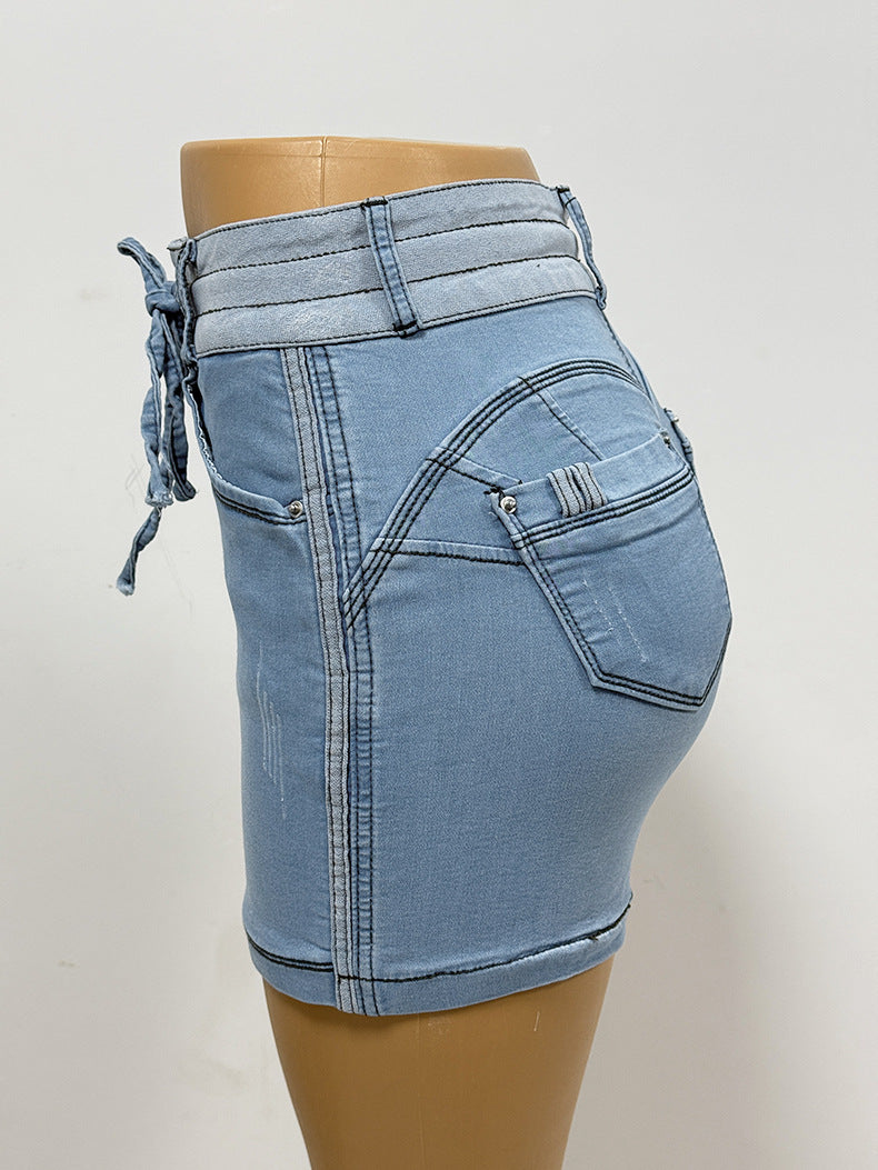 Short Contrast Color Drawstring Women's Bodycon Denim Short Skirt 7