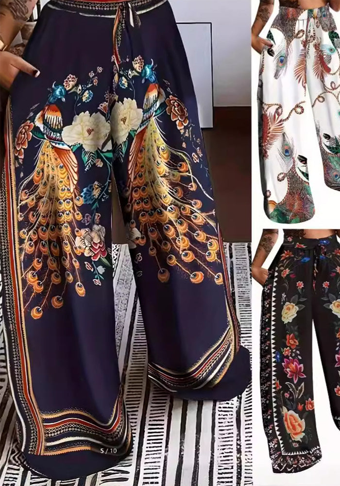 Plus Size Women Fall Casual Lace-up Print Wide-leg Pants