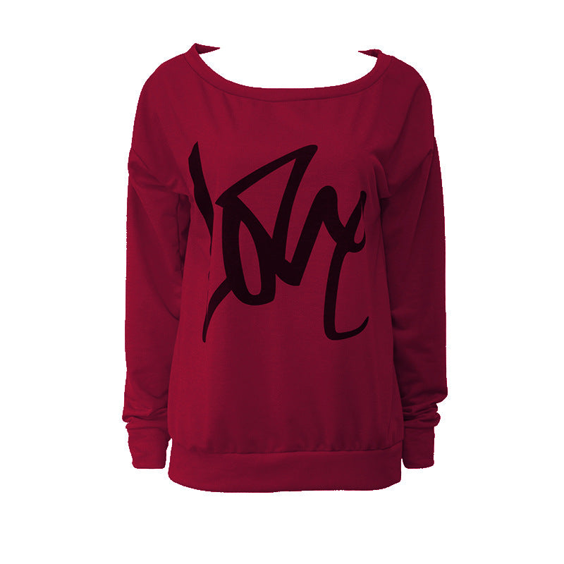 Love Letter Printed Long Sleeve T-Shirt Sexy Off-Shoulder Women's Top 29