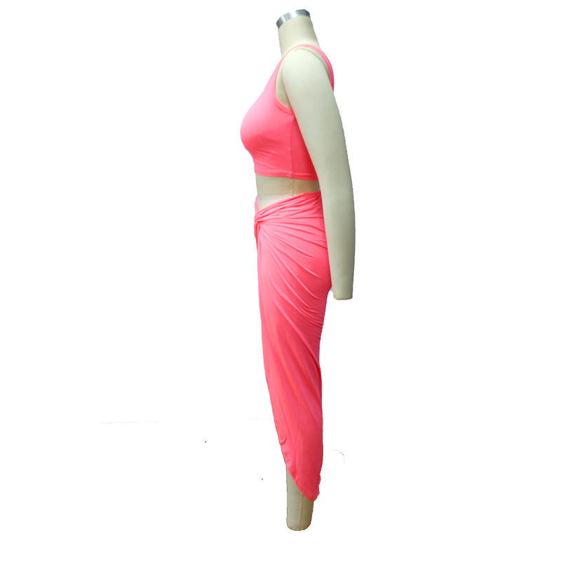 Plus Size Women Crinkled Solid Crop Top And Skirt Two Piece 12