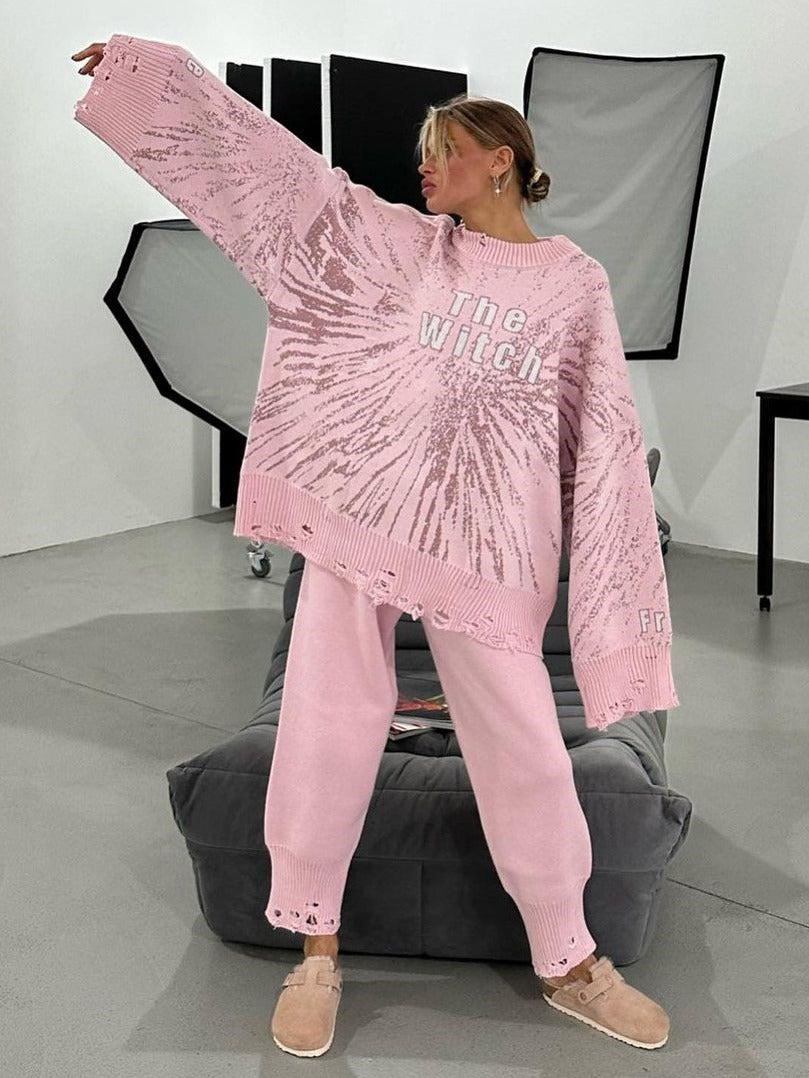 Women Casual Knitting Loose Ragged Sweater Pants Two-piece Set 6