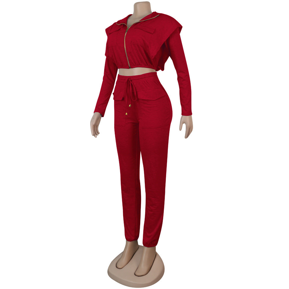 Women Sexy Zip with Cap Long Sleeve Top + Trousers Two-piece Set 25