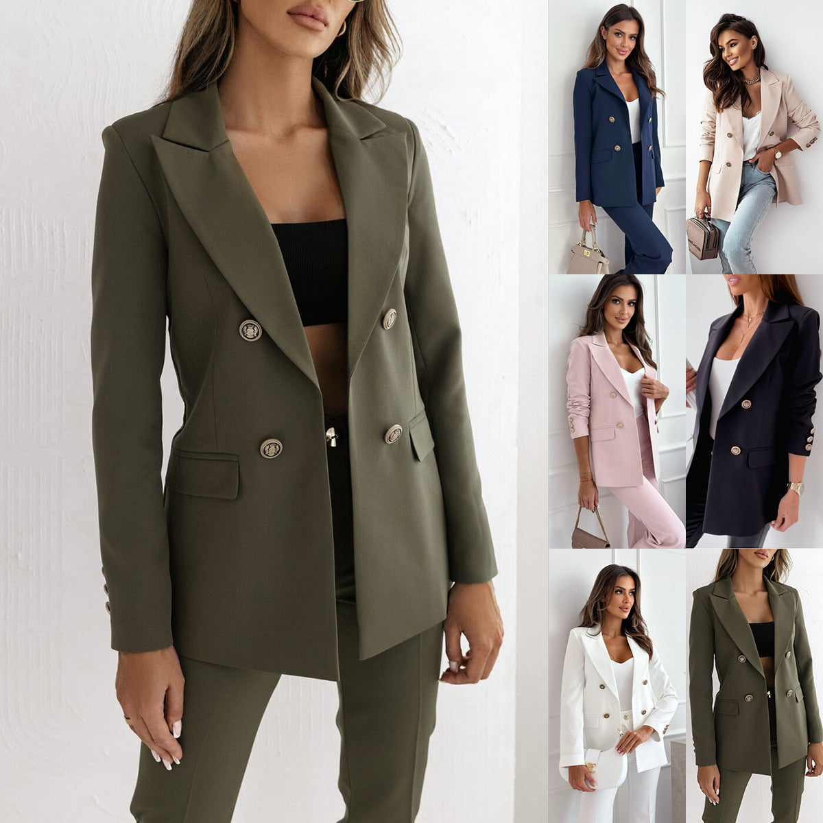 Women Fall/Winter Double-breasted Solid Blazer Coat 8