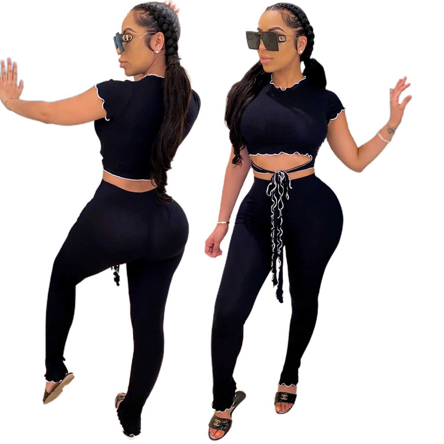 Women Sexy Short-Sleeved Top and Pant Two-Piece Set 7