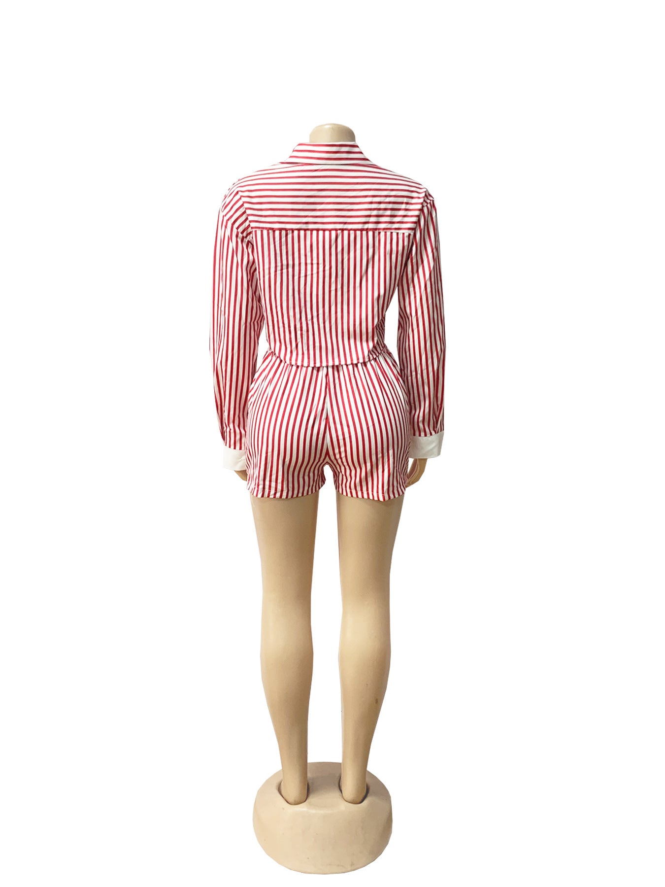 Women Spring and Summer Career Casual Turndown Collar Striped Long Sleeve Shirt Shorts Two-piece Set 16