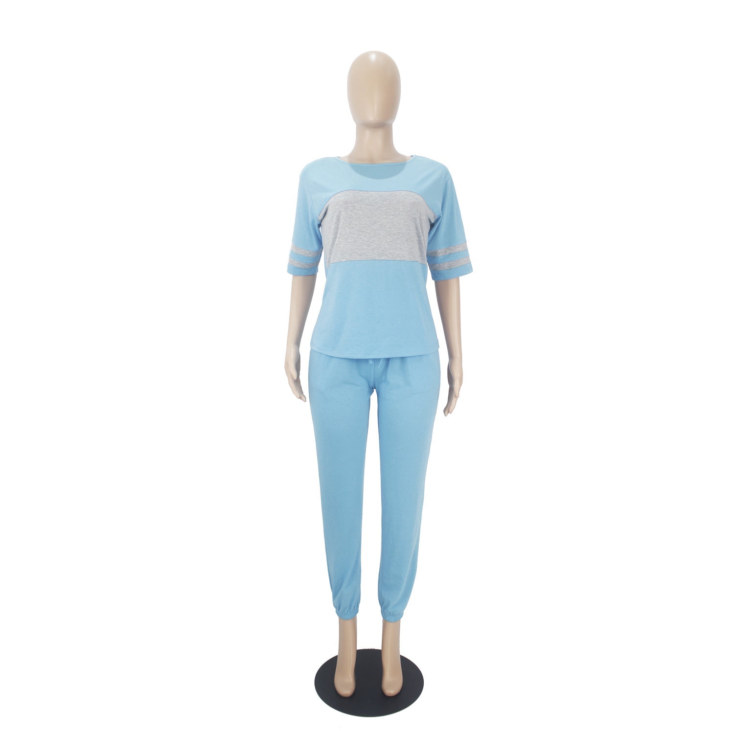 Women's Fashion Casual Solid Patchwork Short Sleeve Trousers Two Piece 12