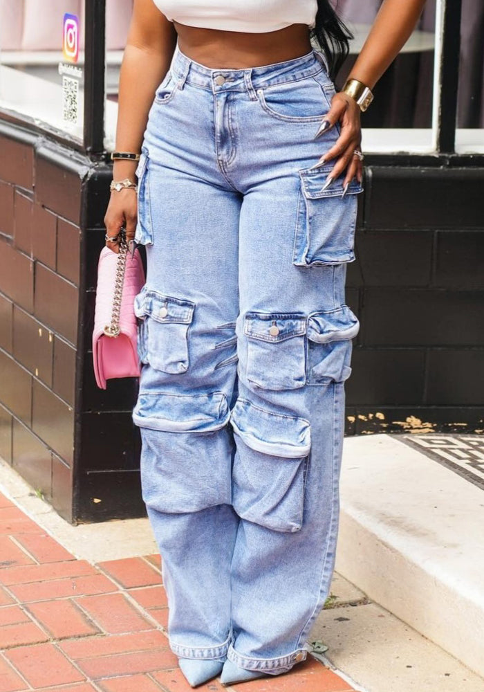 Women's Fashion Loose Straight Leg Washed Multi-Pocket Fashion Street Denim Pants