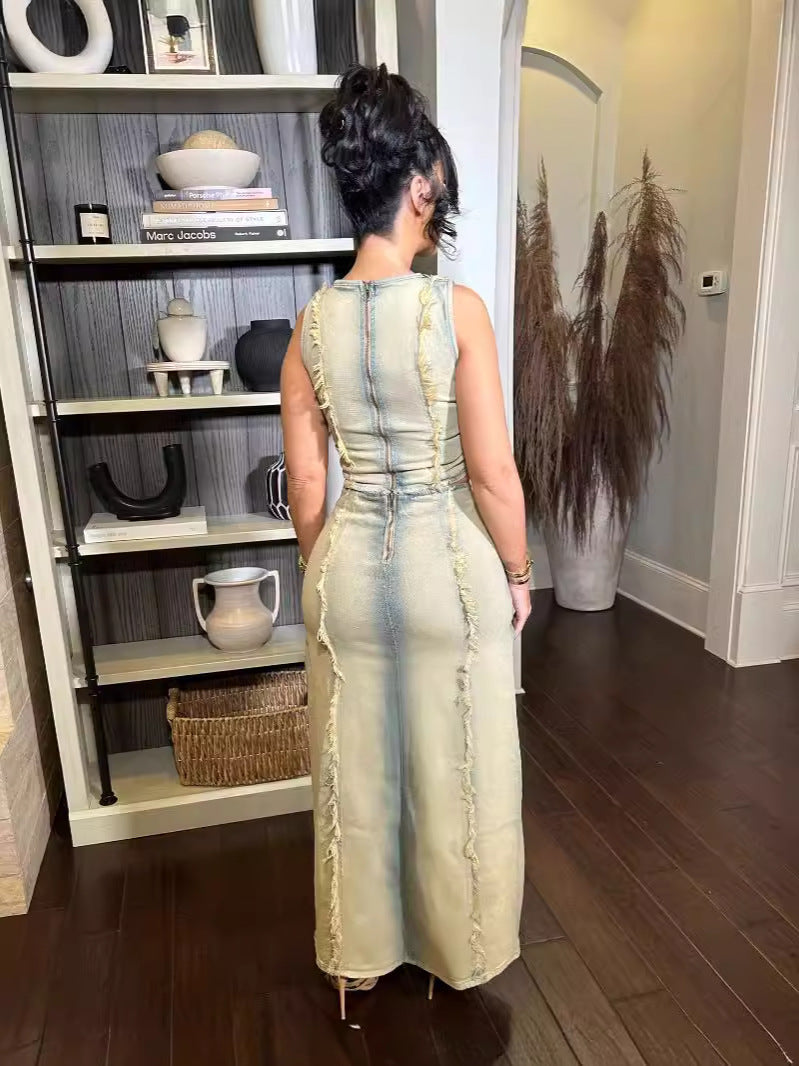Women's Fashion Trend Worn Hollow Sexy Vest High Slit Denim Skirt Two-Piece Set 5