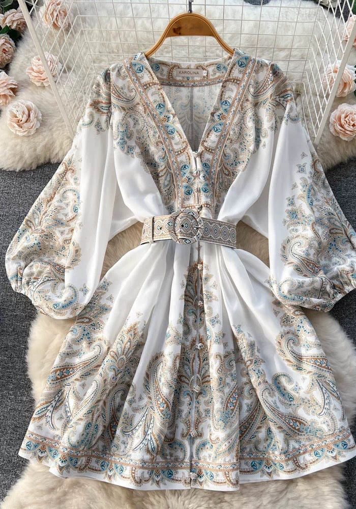 Women Spring French Vintage Print Single-Breasted V-Neck Lantern Sleeve Maxi Dress