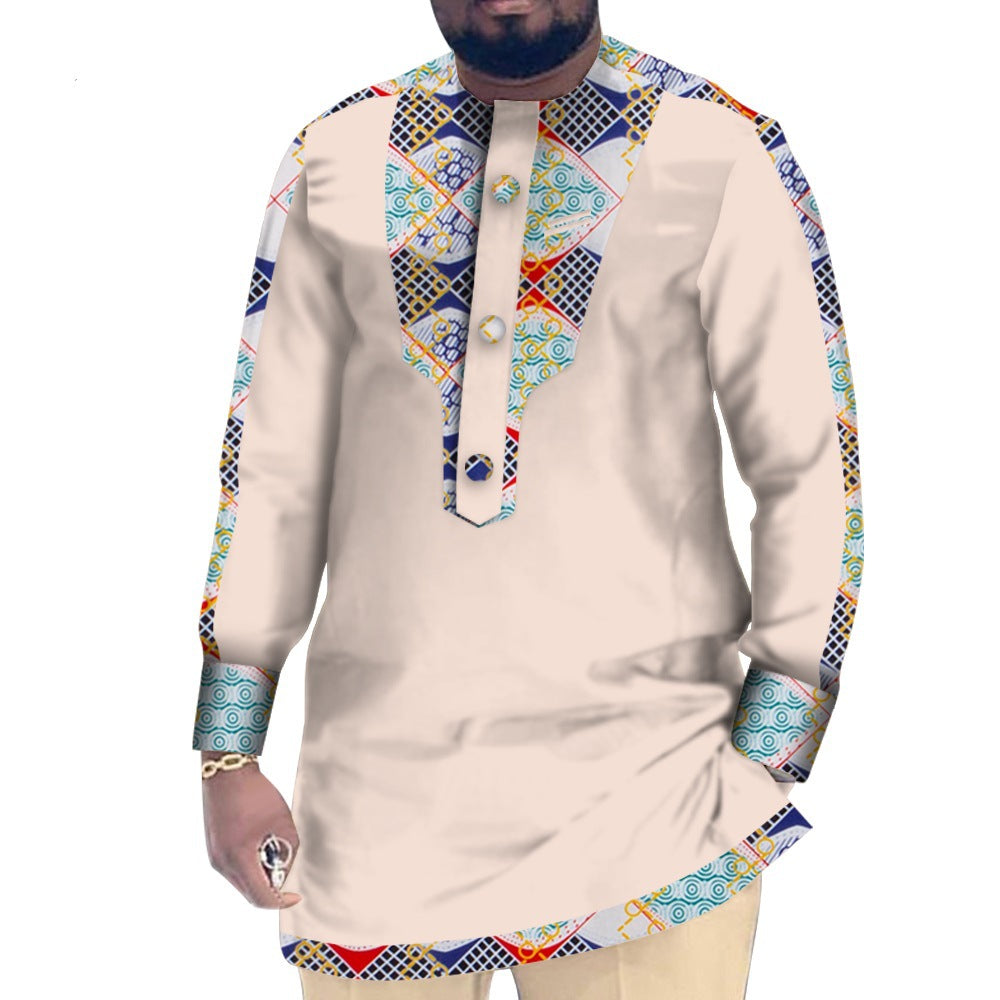 Casual Cotton Men's African Clothing Dashiki Patchwork Long Sleeve Top Bazin Ridge Traditional African Clothing 35
