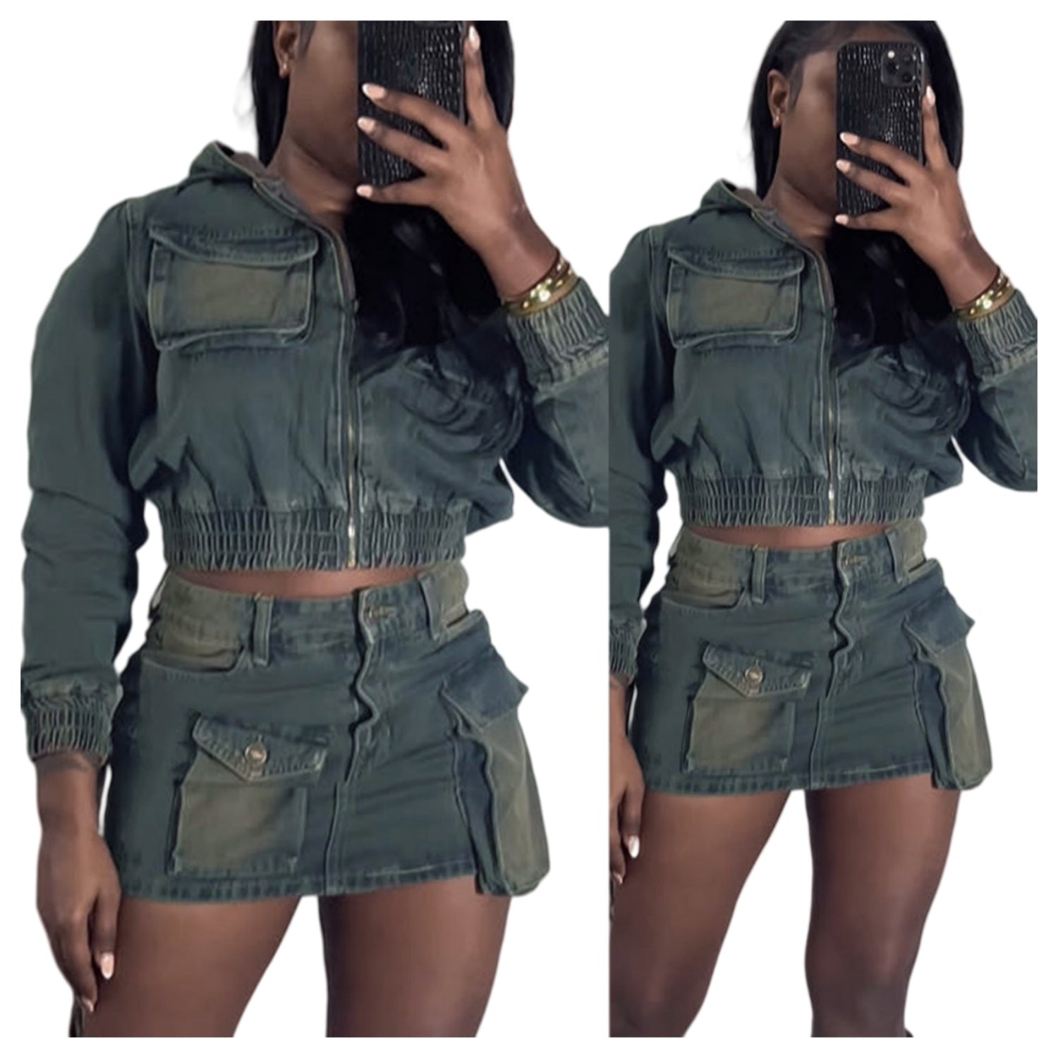 Denim Suit Stretch Denim Hooded Jacket Skirt Two Piece Set