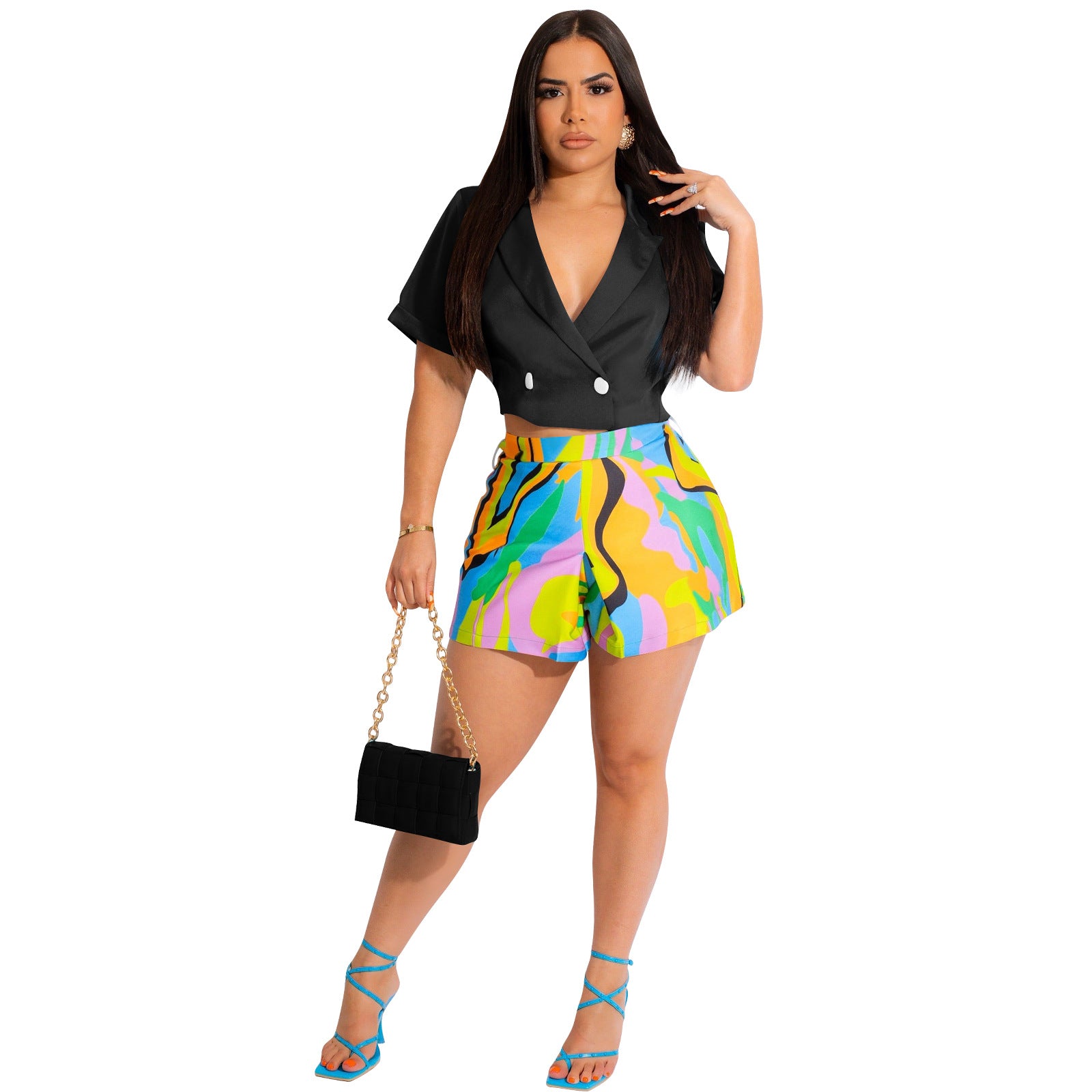 Women's V-Neck Double-Breasted Short-Sleeved Blazer Printed Shorts Two-Piece Set 7