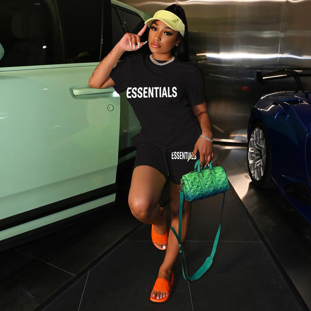 Women's Fashion Casual Letter Print Pocket Lace Up Loose T-Shirt Shorts Sports Two-Piece Set 3