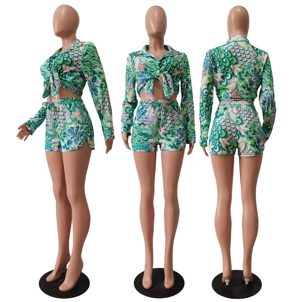 Summer Print Long Sleeve Shirt Shorts Casual Two-Piece Set 11