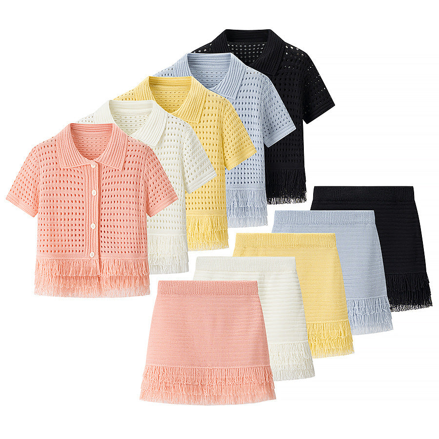 Women's Fringe Short-Sleeve Knit Jacket + High-Waisted Mini Skirt Set 15