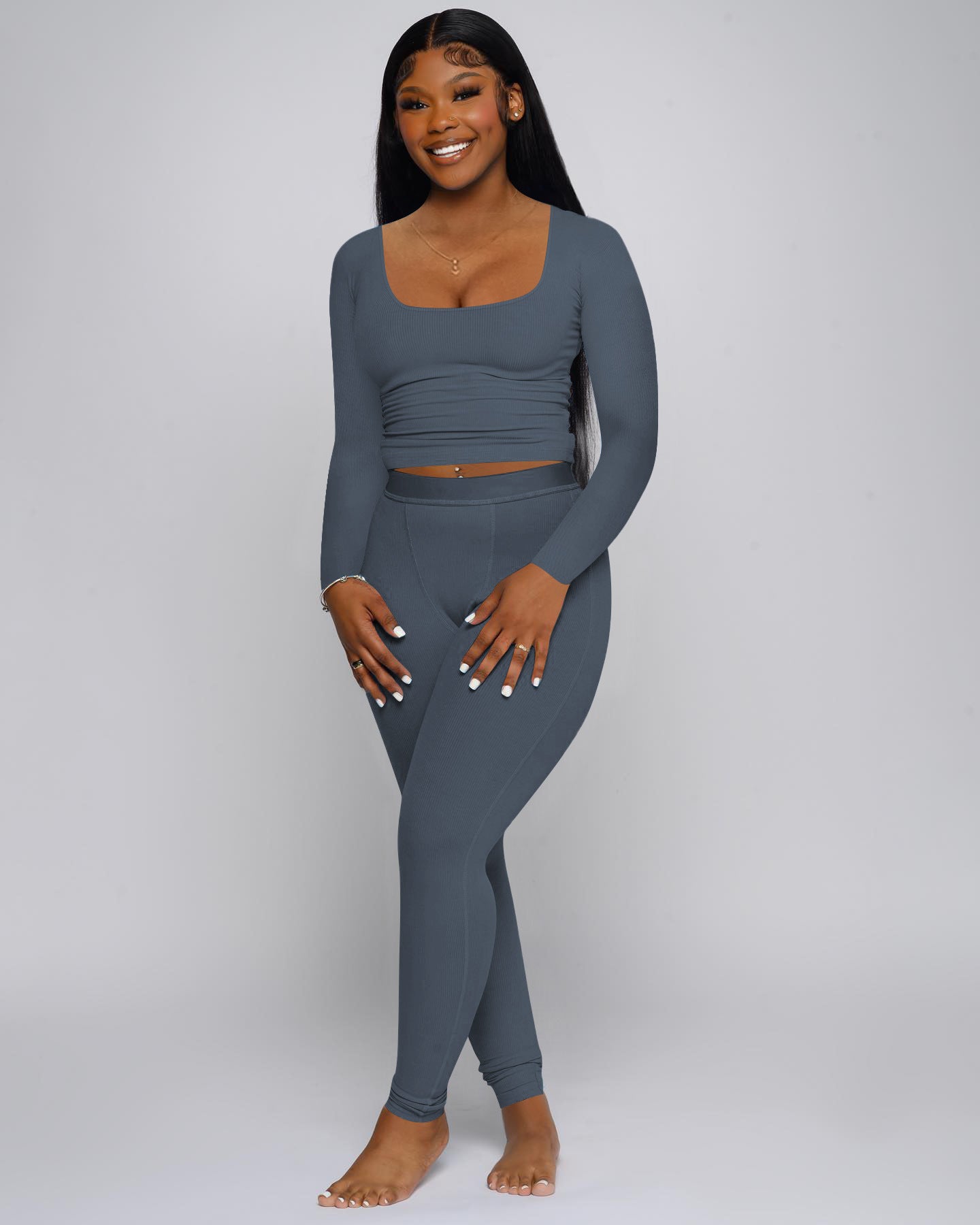 Women's Fashion Casual Ribbed Solid Color Slim Fit Two-Piece Pants Set 6