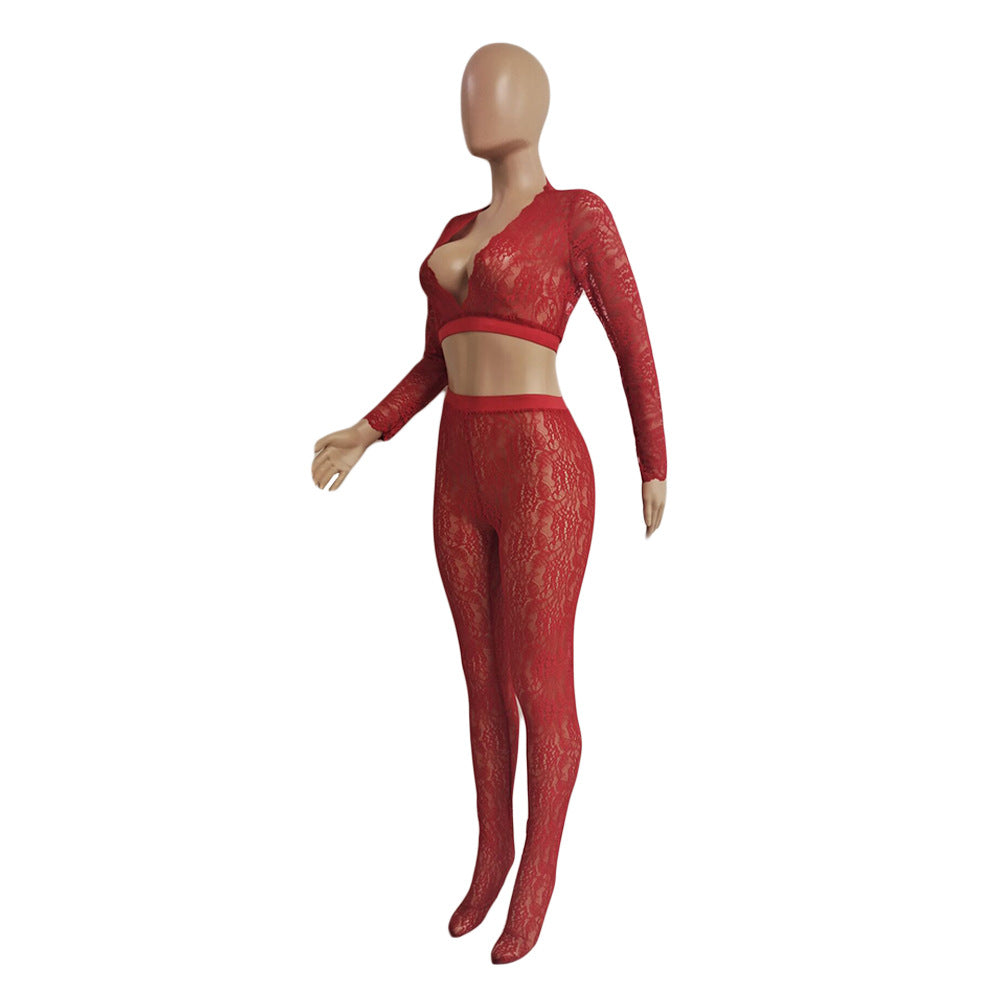 Women's Sexy V-Neck Tight Slim See Through Lace Two-Piece Pants Set 9