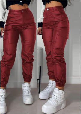 Women Zip Pleated Pockets Casual PU-Leather Pants 13